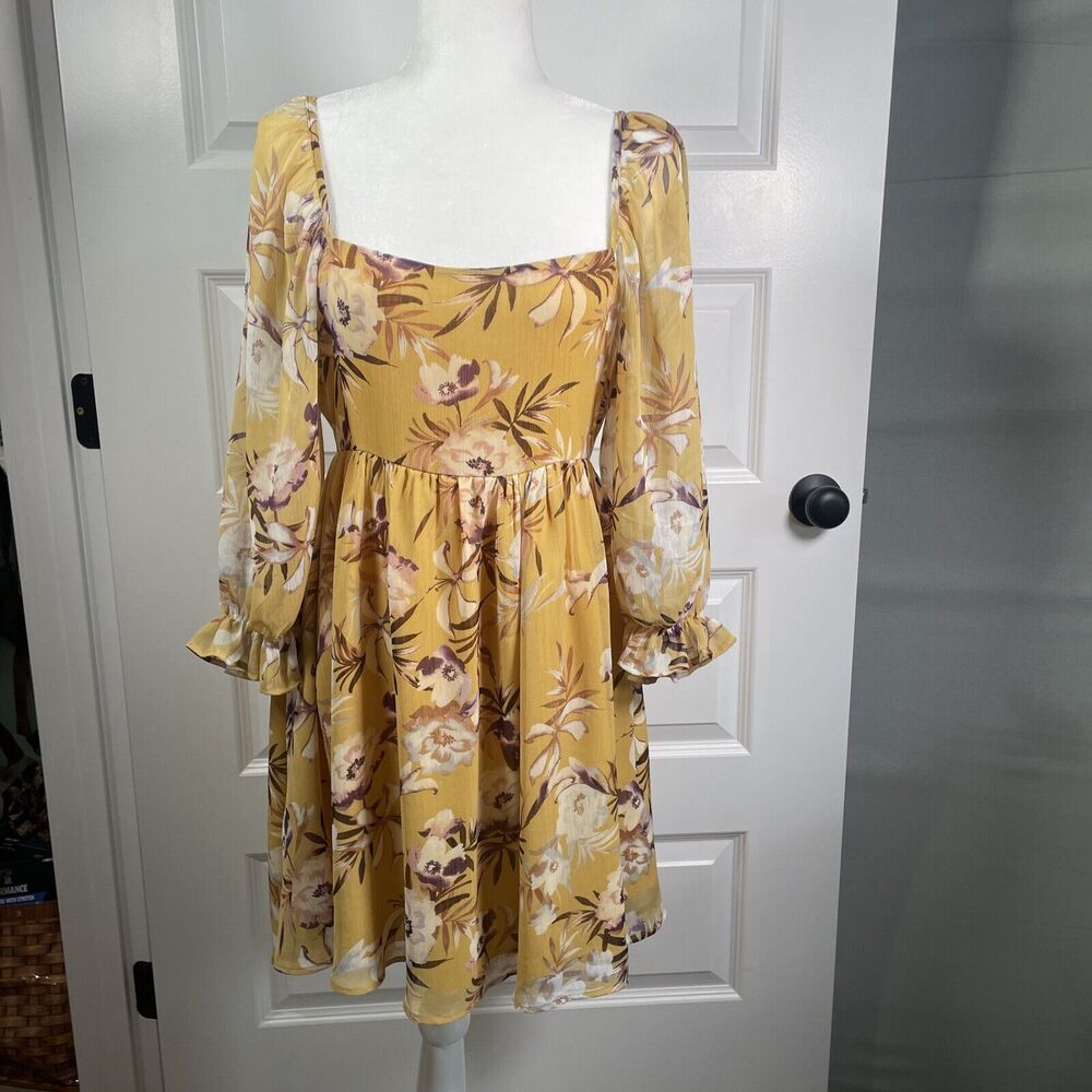 By Together Mustard Floral Open Back Dress Sheer Sleeve Size Medium Shoe Fly - Picture 5 of 11